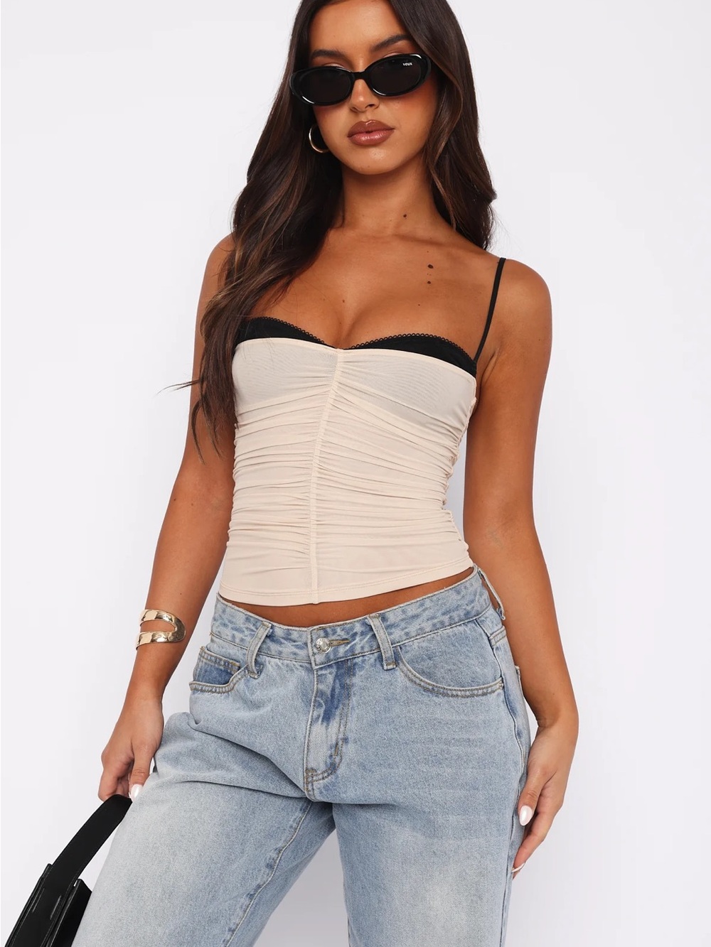White Fox Boutique Beige Peekaboo Bra Ruched Cami with Black Trim | Size S
